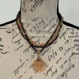 Extasia mixed tourmaline/cherry quartz/citrine beads, peach glass cameo necklace